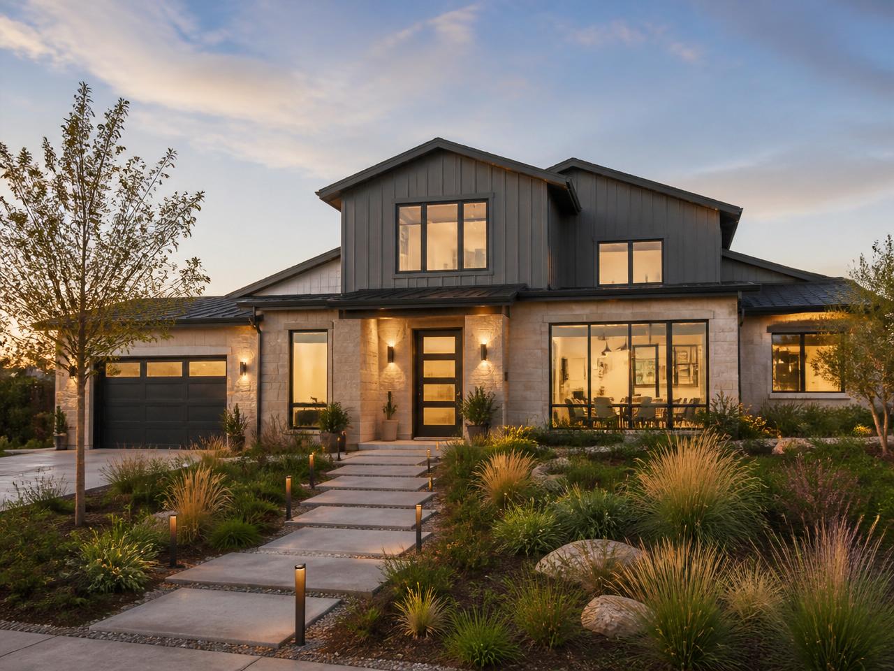 Modern suburban home with large windows and landscaped front yard